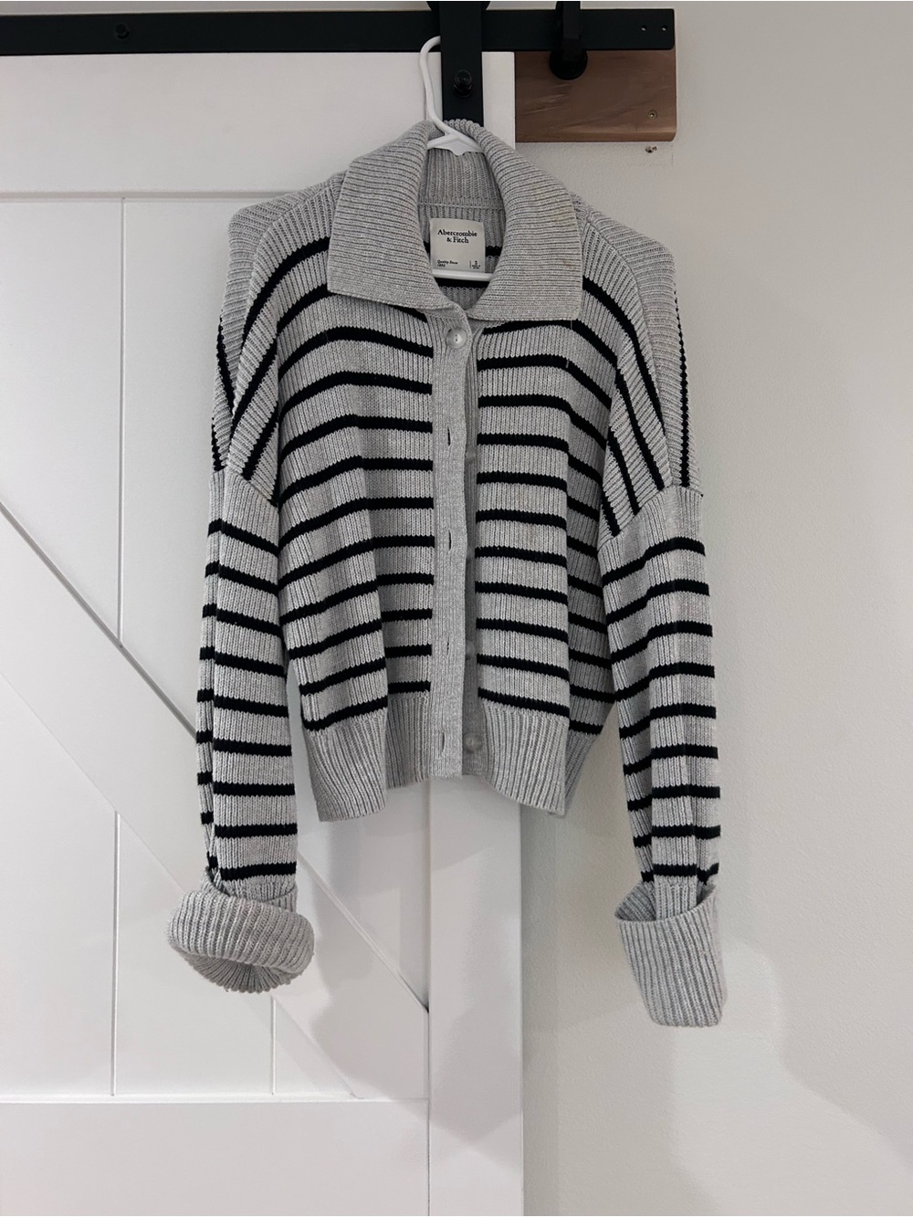 Striped Button-Up Collared Women’s Sweater - Gray & Black